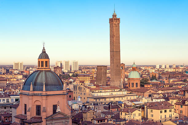 An aerial view of the medieval city of Bologna